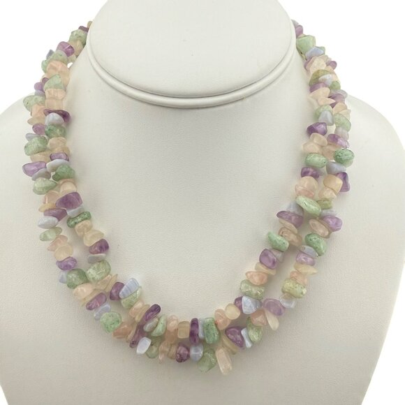 Multi-Gemstone Chip Beaded Long Strand Necklace Pastel Colors Green Pink & Laven - Picture 1 of 7